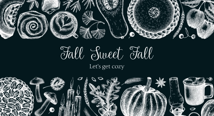 Vintage autumn banner design template. Hand-drawn vector illustration on chalkboard. Pumpkin, hot drink, fruit, pie, pastry, fall leaves sketches. Thanksgiving background 